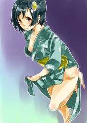  abeshi adjusting_clothes aqua_kimono araragi_tsukihi bakemonogatari black_hair blush commentary_request downblouse egg_(food) egg_hair_ornament female food food-themed_hair_ornament fried_egg hair_ornament highres japanese_clothes kimono monogatari_(series) nisemonogatari red_eyes short_hair solo 