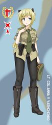  adapted_uniform adjusting_clothes adjusting_collar animal_ears bad_id bad_pixiv_id bear_ears bear_girl black_pantyhose blonde_hair blue_eyes boots braid collared_shirt commentary crotch_seam dakku_(ogitsune) emblem female full_body hat holster jacket knee_boots military_jacket necktie original panties panties_under_pantyhose pantyhose photoshop_(medium) pouch reference_sheet shirt short_hair solo strike_witches_1991 underwear uniform world_witches_series 