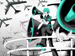  airplane bird green_hair hatsune_miku hatsune_mikuo megaphone plane rule_63 screaming vocaloid 