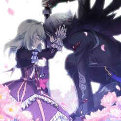  1boy black_hair blonde_hair blood closed_eyes coat commentary_request creature cropped_jacket dress elize_lutus female flower frills hand_on_another&#039;s_face injury kagio_(muinyakurumi) manly pants photoshop_(medium) short_hair sword tales_of_(series) tales_of_xillia teepo_(tales) weapon wingul_(tales) yellow_eyes 