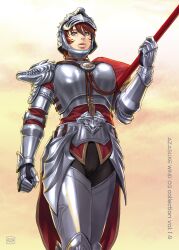  armor azasuke brown_eyes brown_hair female gauntlets helmet highres hilde hildegard_von_krone knight lipstick makeup mole solo soul_calibur soul_calibur_iv soulcalibur_iv standing weapon wolf_head yellow_eyes 