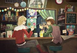  3boys alcohol bad_id bad_pixiv_id bar_(place) barnaby_brooks_jr. beer belt blonde_hair blue_rose boots bottle bracelet brown_eyes brown_hair cabbie_hat character_doll clock com_kom facial_hair female fire_emblem_(tiger_&amp;_bunny) glasses green_eyes hat huang_baoling ivan_karelin jacket jewelry kaburagi_t._kotetsu karina_lyle lemonade male_focus menu multiple_boys necktie photoshop_(medium) plate rabbit red_jacket rock_bison short_hair sky_high_(tiger_&amp;_bunny) stubble studded_belt tiger_&amp;_bunny vest waistcoat watch window wristwatch 