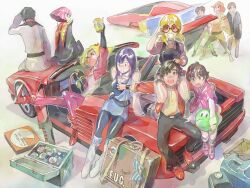  5boys 5girls beecha_oleg blonde_hair boots breasts bright_noa brown_hair can car carrying commentary_request convertible cooler core_fighter elle_vianno elpeo_puru ferrari ferrari_testarossa glasses grabbing grabbing_another&#039;s_breast grin gundam gundam_zz haman_karn haro highres ino_abbav judau_ashta left-hand_drive leina_ashta long_hair looking_back medium_breasts mondo_agake motor_vehicle multiple_boys multiple_girls on_vehicle open_mouth orange_hair pantyhose pink_hair pomodorosa purple_hair roux_louka short_hair sitting sleeves_rolled_up smile sports_car straight suitcase 