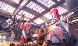  5girls amplifier angel_beats! band bass_guitar checkered_floor commentary_request drum drum_set electric_guitar fender_jazzmaster fender_musical_instruments_corporation fender_stratocaster gibson_brands_inc gibson_sg girls_dead_monster guitar highres hisako_(angel_beats!) instrument irie_miyuki iwasawa_masami marshall_amplification multiple_girls school_uniform sekine_shiori serafuku shinda_sekai_sensen_uniform sleeves_rolled_up speaker tazu yui_(angel_beats!) 