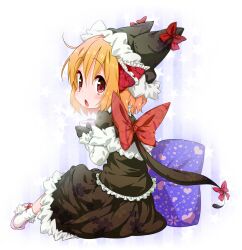  alternate_costume bad_id bad_pixiv_id black_gloves blonde_hair bow capelet cup female floral_print gloves hair_ribbon hat hat_with_ears highres jigatei_(omijin) lolicon open_mouth pillow red_eyes ribbon rumia shirt short_hair sitting skirt slippers solo touhou 