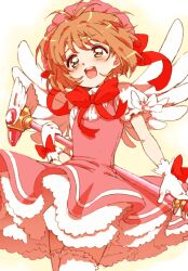  :d blush brown_hair cardcaptor_sakura commentary_request dress female fumitan_(humitan) fuuin_no_tsue glove_bow gloves green_eyes hat kinomoto_sakura kinomoto_sakura_(magic_dream_costume) magical_girl open_mouth pink_hat short_hair smile solo thighhighs wand white_gloves wings 