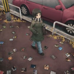  bag brown_eyes brown_hair car card commentary_request denim female from_above hand_in_pocket iroha_karuta jacket jeans karuta_(card_game) mittens motor_vehicle original pants photo_(object) pole railing scarf shoes solo walking yajirushi_(chanoma) 