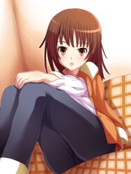  bad_id bad_pixiv_id bakemonogatari brown_eyes brown_hair couch female jacket jacket_on_shoulders monogatari_(series) sengoku_nadeko short_hair solo yappen 