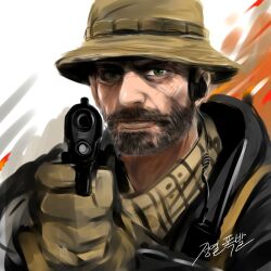  1boy bad_id bad_pixiv_id beard brown_hair call_of_duty call_of_duty:_modern_warfare_3 captain_price dickbomber facial_hair gloves green_eyes gun handgun hat m1911 male_focus military military_uniform photoshop_(medium) solo uniform weapon 