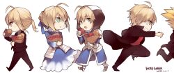  3boys ahoge apple archer_(fate/prototype) armor armored_dress arthur_pendragon_(fate) artoria_pendragon_(all) bag baguette black_jacket blonde_hair bread dress eating fate/prototype fate/stay_night fate/zero fate_(series) faulds food formal fruit genderswap_(ftm) gilgamesh green_eyes grocery_bag hamburger holding holding_food holding_fruit hood jacket mayer multiple_boys multiple_girls multiple_persona pant_suit ponytail rule_63 saber shopping_bag short_hair suit white_background 