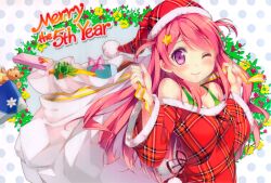  absurdres bare_shoulders blush breasts christmas cleavage female gift hat highres kantoku kurumi_(kantoku) looking_at_viewer medium_breasts merry_christmas one_eye_closed original pink_hair plaid plaid_headwear polka_dot polka_dot_background purple_eyes ribbon sack santa_costume santa_hat smile solo star_(symbol) upper_body 