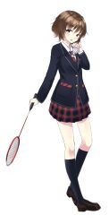  bad_id bad_pixiv_id badminton badminton_racket black_socks blazer brown_eyes brown_hair bush female full_body hair_ornament hairclip highres jacket kneehighs long_sleeves looking_at_viewer miniskirt necktie original plaid plaid_skirt pleated_skirt racket ryou@ryou school_uniform short_hair simple_background skirt socks solo standing white_background 