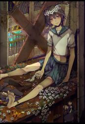  bad_id bad_pixiv_id barefoot beads broken broken_chain brown_eyes can chains dark-skinned_female dark_skin dirty dirty_feet doll female flower fork hair_flower hair_ornament indoors light_smile looking_at_viewer nai_kitsu nature navel open_can panties rafters sayonara_zetsubou_sensei school_uniform sekiutsu_maria_tarou serafuku shoes short_hair short_sleeves sitting socks solo stuffed_toy underwear window 