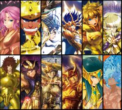  6+boys aquarius_camus aries_muu armor cancer_death_mask capricorn_shura collaboration collage column_lineup commentary_request full_armor gemini_saga gin_(oyoyo) gold_armor gold_saint leo_aiolia libra_douko male_focus multiple_boys pisces_aphrodite sagittarius_aioros saint_seiya scorpio_milo taurus_aldebaran topless_male virgo_shaka 