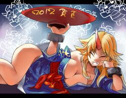  2012 bare_legs bare_shoulders blonde_hair blue_kimono breasts cleavage closed_eyes commentary_request cuffs female grin horns hoshiguma_yuugi hoshiguma_yuugi_(kimono) japanese_clothes kimono large_breasts long_hair lying no_panties nobori_ranzu off_shoulder on_side shackles single_horn smile solo touhou very_long_hair 