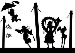  4girls absurdres ahoge bad_id bad_pixiv_id danmaku gohei greyscale hat height_difference hexagram highres holding holding_clothes holding_hat holding_umbrella karakasa_obake kitazinger kochiya_sanae monochrome moriya_suwako multiple_girls onbashira photoshop_(medium) pyonta short_hair silhouette star_(symbol) star_of_david sweatdrop tatara_kogasa tiptoes touhou umbrella unworn_hat unworn_headwear yasaka_kanako 