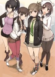  4girls bad_id bad_pixiv_id black_hair black_legwear blush brown_eyes brown_hair choker dress grey_eyes hand_in_pocket hand_on_another&#039;s_shoulder hand_on_own_hip hat hat_with_ears head_tilt hood hoodie jacket jewelry leaning leggings multiple_girls necklace necktie ookuma_nekosuke open_clothes open_jacket open_mouth original pantyhose photoshop_(medium) ponytail red_legwear shirt shorts side_ponytail skirt smile sweater sweater_dress twintails v 