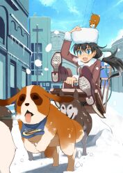  animal b-ginga black_hair blue_eyes blush breath canine city coat commentary_request dog_sled female fur_collar fur_hat fur_trim ganaha_hibiki hamster hamuzou hand_on_headwear hat icicle idolmaster idolmaster_(classic) inumi long_hair oerba_yun_fang riding sled snow st_bernard winter winter_clothes 