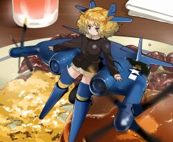  aasara aircraft airplane blonde_hair blue_eyes butter commentary_request cup egg egg_(food) female food honey mecha_musume military military_uniform no_nose original pancake personification plate propeller pun scrambled_egg solo thighhighs uniform xf5u zettai_ryouiki 