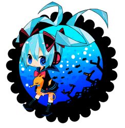  aqua_hair blue_eyes chibi commentary eriko_(chika) female fish floating_hair hatsune_miku headphones long_hair school_uniform seahorse serafuku solo symbol-only_commentary twintails very_long_hair vocaloid 