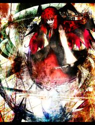  bad_id bad_pixiv_id bat_wings commentary_request crazy_eyes demon evil_smile female head_wings koakuma koishi_komeiji&#039;s_heart-throbbing_adventure long_hair mokere_shikkan-sha necktie red_eyes red_hair sharp_teeth smile solo spoilers sword teeth touhou very_long_hair weapon wings 