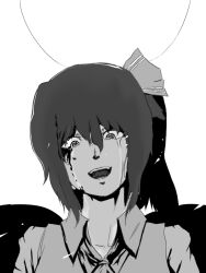  bleeding blood commentary_request crazy crazy_eyes daiyousei fairy_wings female garreki greyscale injury koishi_komeiji&#039;s_heart-throbbing_adventure long_hair monochrome moon neck smile solo tears touhou wings 