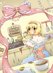  alice_margatroid bad_id bad_pixiv_id blonde_hair blue_eyes blush bottle bow bowl cabinet chalkboard chocolate cooking cupcake cutting_board female food frills hairband happy_valentine heart highres holding kitchen ladle nanahamu ribbon shawl smile snow solo spatula spill touhou valentine 