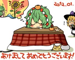  2girls :d ^_^ ahoge akeome apron blonde_hair blush closed_eyes dreaming drooling feline flower food fruit green_hair grin happy_new_year hat kazami_yuuka kirisame_marisa kotatsu mandarin_orange mokku mountain multiple_girls new_year object_on_head open_mouth plaid saliva short_hair smile sunflower table touhou translated under_kotatsu under_the_table waist_apron witch_hat 