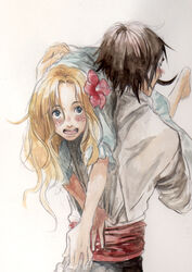  1boy blonde_hair blush carrying carrying_over_shoulder chikama_(minka) commentary_request facial_hair female flower freckles gol_d._roger hair_flower hair_ornament long_hair moustache one_piece portgas_d._rouge 