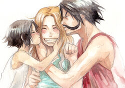  2boys affectionate aged_down alternate_universe bad_id bad_pixiv_id black_hair blonde_hair blush chikama_(minka) facial_hair family female freckles gol_d._roger grin happy hug kissing long_hair moustache multiple_boys one_piece portgas_d._ace portgas_d._rouge short_hair smile 