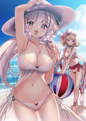  2girls :d azur_lane bad_id bad_pixiv_id ball beach beachball bikini blonde_hair blue_sky breasts cleavage cloud commentary_request day eyewear_on_head flower hair_bun hair_flower hair_ornament hair_ribbon hand_on_headwear hat illustrious_(azur_lane) long_hair looking_at_viewer medium_breasts multiple_girls navel ocean official_alternate_costume one_side_up open_mouth outdoors pink_eyes prince_of_wales_(azur_lane) prince_of_wales_(sun_shining_upon_windsor)_(azur_lane) purple_eyes ribbon short_hair single_side_bun sky smile standing sun_hat sunglasses swimsuit tress_ribbon tsukigami_runa white_bikini white_hair white_hat 