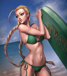  antenna_hair bikini blonde_hair blue_eyes braid breasts cammy_white commentary english_commentary felsus female green_bikini groin holding holding_surfboard lips long_hair medium_breasts navel ocean scar side-tie_bikini_bottom signature smile solo street_fighter surfboard swimsuit twin_braids 