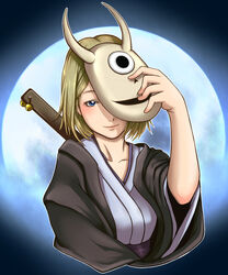  blonde_hair blue_eyes commentary_request female full_moon highres hiiragi_(natsume) japanese_clothes kanzasihime lips mask moon natsume_yuujinchou peeping solo 