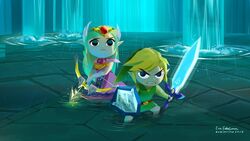  1boy arrow_(projectile) artist_name bad_id bad_twitter_id bow_(weapon) dress evelmiina female holding holding_weapon left-handed light_arrows link long_dress master_sword mirror_shield princess_zelda shield sword the_legend_of_zelda the_legend_of_zelda:_the_wind_waker toon_link toon_zelda water waterfall weapon 