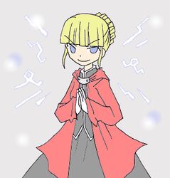  artist_request beatrice_(umineko) blonde_hair blue_eyes blunt_bangs cape cosplay edward_elric edward_elric_(cosplay) female fullmetal_alchemist gloves grey_background looking_at_viewer lowres own_hands_together red_cape smile solo source_request umineko_no_naku_koro_ni 