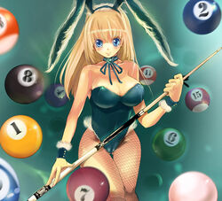  8-ball animal_ears ball billiard_ball billiards blonde_hair breasts commentary_request cue_stick female fishnet_pantyhose fishnets large_breasts long_hair original pantyhose photoshop_(medium) playboy_bunny rabbit_ears solo suoni_(deeperocean) 