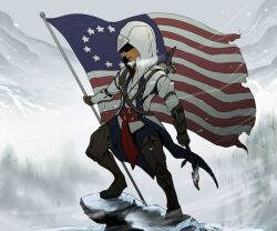  1boy america artist_request assassin&#039;s_creed assassin&#039;s_creed_(series) assassin&#039;s_creed_iii bow_(weapon) coat connor_(assassin&#039;s_creed) connor_(ratohnhak&eacute;:ton) gloves hood male male_focus quiver snow solo tomahawk weapon 