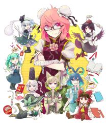  6+girls aqua_eyes ascot bad_id bad_pixiv_id bandages bespectacled black_hair blonde_hair blue_dress book boots bow brown_hair charm_(object) chips_(food) crossed_arms daruma_doll detached_sleeves double_bun dress dual_wielding earmuffs ema eraser flower food frog_hair_ornament geta glasses green_hair grey_hair hair_bun hair_ornament hair_ribbon hair_rings hair_stick hair_tubes hairbow hakurei_reimu hand_on_own_cheek hand_on_own_face hand_on_own_hip hat hat_ribbon head_rest highres holding ibaraki_kasen japanese_clothes kaku_seiga kariginu katana kirisame_marisa kochiya_sanae konpaku_youmu konpaku_youmu_(ghost) kusugi_tai long_hair lying mononobe_no_futo multicolored_hair multiple_girls notebook omamori on_stomach one_eye_closed pen pencil pink_eyes pink_hair ponytail red_eyes ribbon ritual_baton saucer shameimaru_aya shawl short_hair sitting skirt skirt_set smile snack snake star_(symbol) sword tate_eboshi tokin_hat touhou toyosatomimi_no_miko vest weapon yellow_eyes 