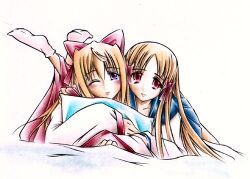  2girls azuma_hatsumi bow colored_pencil_(medium) commentary crossover english_commentary hairbow hugging_object kannazuki_no_miko kurusugawa_himeko lowres lying marker_(medium) multiple_girls on_stomach one_eye_closed photoshop_(medium) pillow pillow_hug purple_eyes red_eyes socks traditional_media trait_connection white_legwear yami_to_boushi_to_hon_no_tabibito yuriwhale 