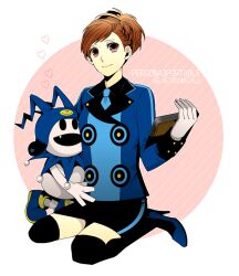  bad_id bad_pixiv_id book brown_hair cosplay female gloves heart jack_frost_(megami_tensei) persona persona_3 persona_3_portable photoshop_(medium) pink_eyes shiomi_kotone sitting skirt smile sou_(boxxx82) theodore_(persona) theodore_(persona)_(cosplay) 