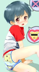  ass bad_id bad_pixiv_id blue_briefs blush boxers briefs censored gen_1_pokemon gen_2_pokemon green_hair highres identity_censor male_focus male_underwear original pichu pikachu pokemon pokemon_(creature) red_eyes shirt solo speech_bubble t-shirt tears underwear wavy_mouth yuki_(vicious) 