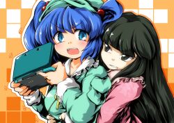  2girls bad_id bad_pixiv_id black_eyes black_hair blue_eyes blue_hair blush handheld_game_console hat houraisan_kaguya kawashiro_nitori key long_hair multiple_girls nintendo_3ds photoshop_(medium) short_hair suzu_(suzuko) touhou two_side_up upper_body 