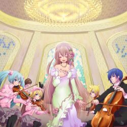  2boys 4girls album_cover aqua_eyes aqua_hair blonde_hair blue_eyes blue_hair bow bowtie brown_hair cello chandelier closed_eyes commentary_request cover dress ele flower formal hairbow hand_on_own_chest hatsune_miku instrument jewelry kagamine_len kagamine_rin kaito_(vocaloid) long_hair megurine_luka meiko_(vocaloid) multiple_boys multiple_girls music necklace open_mouth pantyhose photoshop_(medium) pink_hair rose short_hair singing sitting skirt strapless strapless_dress string_quartet thighhighs traditional_bowtie twintails very_long_hair viola_(instrument) violin vocaloid 