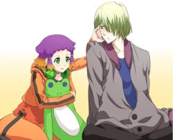  1boy aquarion_(series) aquarion_evol blonde_hair brown_hair coat commentary_request female green_eyes grey_eyes hair_ornament hair_over_one_eye hairclip headphones jin_musou multicolored_hair namakemono_(u446644k) purple_hair short_hair sitting stuffed_animal stuffed_frog stuffed_toy tama_(aquarion) yunoha_thrul 