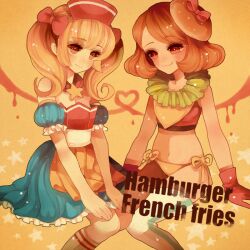  2girls apron blonde_hair brown_eyes brown_hair commentary_request crop_top dress food-themed_clothes gloves hands_on_own_knees hat heart heart_of_string multiple_girls orange_background original panties puffy_sleeves scarf short_hair side-tie_panties sitting thighhighs tilted_headwear twintails underwear white_legwear yunoto_(conceit) 