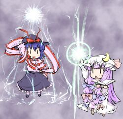  2girls :&lt; :d arm_up bad_id bad_pixiv_id blue_hair book bow casting_spell chibi crescent danmaku dress hairbow hat hat_bow hat_ribbon holding holding_book long_hair multiple_girls nagae_iku natsuki_(silent_selena) open_book open_mouth patchouli_knowledge purple_hair ribbon smile touhou |_| 