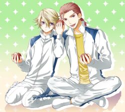  2boys apple blonde_hair commentary_request edward_keddy eyebrows food fruit fujinari_yuuki ivan_karelin jacket male_focus multiple_boys purple_eyes red_hair school_uniform sitting tiger_&amp;_bunny track_suit 