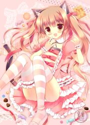  :d animal_ears asymmetrical_legwear azumi_kazuki blush candy cat_ears cat_tail commentary_request dress english_text female food frilled_legwear frills hair_ribbon heart lolita_fashion long_hair maid mismatched_legwear open_mouth original panties pantyshot pink_legwear puffy_sleeves ribbon shoes sitting smile solo striped_clothes striped_thighhighs sweet_lolita tail thighhighs twintails underwear wrist_cuffs 