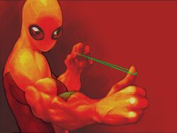  1boy bug_eyes deadpool male male_focus marvel mask muscle muscles rubber-band rubber_band shiba_(berryeater) solo spider-man spider-man_(series) 