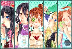  5girls ;q akiyama_mio apple cherry column_lineup facial_tattoo food fruit grapes hair_up hirasawa_yui k-on! kiwifruit kotobuki_tsumugi multiple_girls nakano_azusa namiz one_eye_closed strawberry tainaka_ritsu tattoo tongue tongue_out watermark web_address wink 